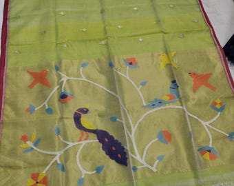 Paithani Design in Semi Muslin saree; Jamdani work;Free falls and piko;DHL shipping service