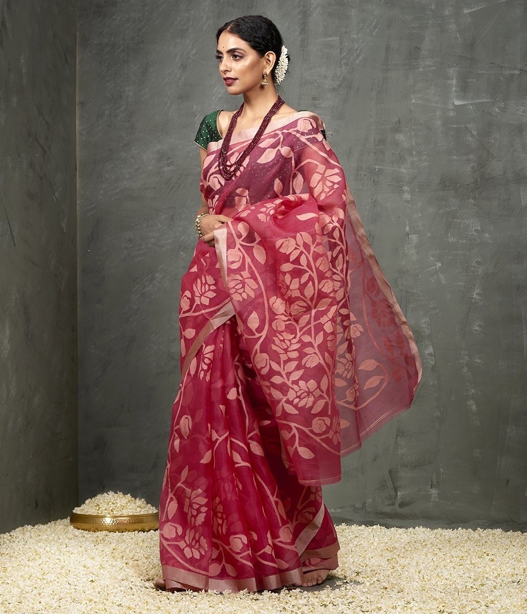 Handwoven Dual Tone Muslin Silk Jamdani Saree With All Over Work, Durga Pujo Saree; Dhl Shipping in 4 To 5 Days