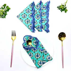 Sea green Embroidery scallop hand block print napkins reusable napkins for wedding embroidered napkins for dinner party Christmas gift
