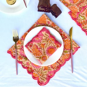 Tovagliolo con foglie floreali rosa arancioni, tovaglioli stampati a mano indiani, tovaglioli con stampa a capesante ricamati, decorazioni da tavola quadrate, fazzoletti di cotone, regali per lei