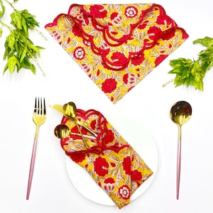 Mango Red Embroidery scallop hand block print napkins reusable Table Mats wedding Farm house dining napkins dinner party Christmas gifts Her