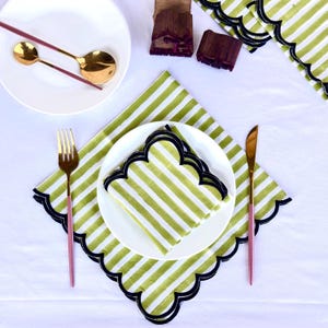 Stripe Green Black scallop Embroidery Napkins | hand block printed cotton cloth paper napkins | recyclable washable | Wholesale Gift
