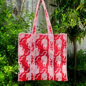 Indian Tote Bags Hand Block Printed Shopping Bag Shoulder Handbag White Red Tiger Vintage Animal Print ToteBag Gift For Her Granny Mom Aunt