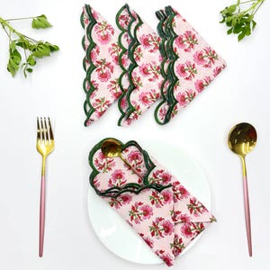 Strawberry pink Embroidery scallop hand block print napkins reusable napkins for wedding embroidered napkins for dinner party Christmas gift