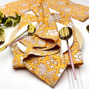 Mango Yellow Floral Hand Block Print Cotton Reusable Indian Napkins Wedding Table Dining Napkins Farm House Party Christmas Gifts For Her