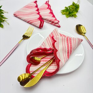 Strawberry pink Embroidery scallop hand block print napkins reusable napkins for wedding embroidered napkins for dinner party Christmas gift