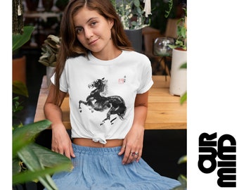 Japanisches Kunst Pferde-T-Shirt: Sumi e Ink Wash Druck
