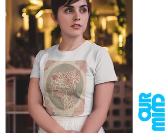 May include: White t-shirt with a floral design and the text "Pride and Prejudice" by Jane Austen.