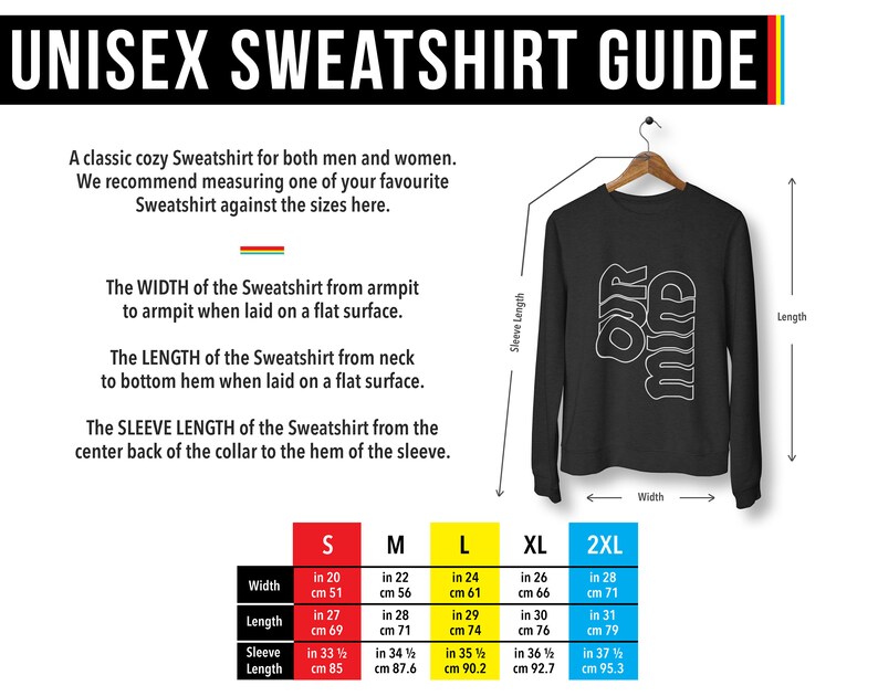 Pode incluir: Guia de tamanhos de moletom unissex com medidas em polegadas e cent&iacute;metros para os tamanhos S, M, L, XL e 2XL. O guia mostra a largura, o comprimento e o comprimento da manga do moletom.