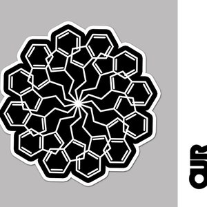 Pode incluir: Design geométrico preto e branco com forma circular. O design é composto por padrões hexagonais repetidos.