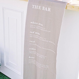 Letrero de barra semipersonalizado / Letrero de boda / MENÚ DE BAR / Letrero de tela / Letrero de menú de cócteles de boda de lino /