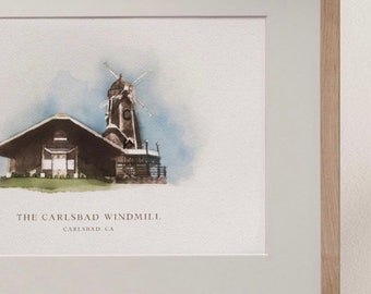 The Carlsbad Windmill Wedding Venue Illustration/ Anniversary Gift/ Personalized Wedding Gift/Watercolor Wedding Venue/  Bespoke Gift