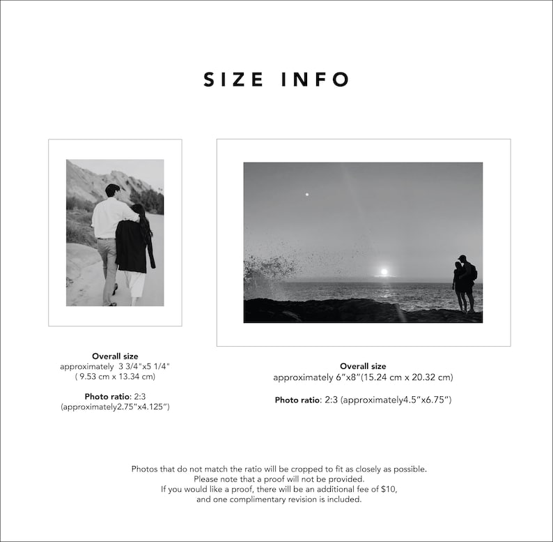 Puede incluir: Dos fotos en blanco y negro que muestran diferentes tama&ntilde;os para las impresiones. La primera foto muestra una pareja caminando por una playa. La segunda foto muestra una pareja de pie en una playa con una puesta de sol en el fondo. El texto debajo de las fotos proporciona informaci&oacute;n sobre el tama&ntilde;o general y la proporci&oacute;n de la foto para cada impresi&oacute;n.