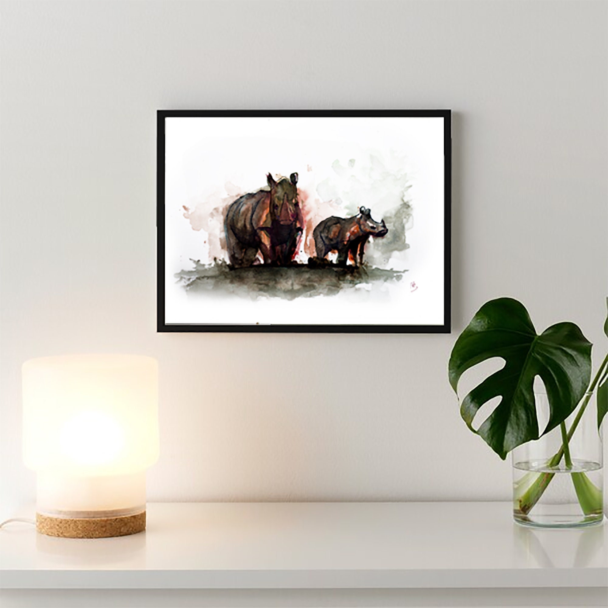 Peinture Originale d'un Rhinocéros et de Son Petit.. Non Imprimée Aquarelle Pointes Fines Clément Be
