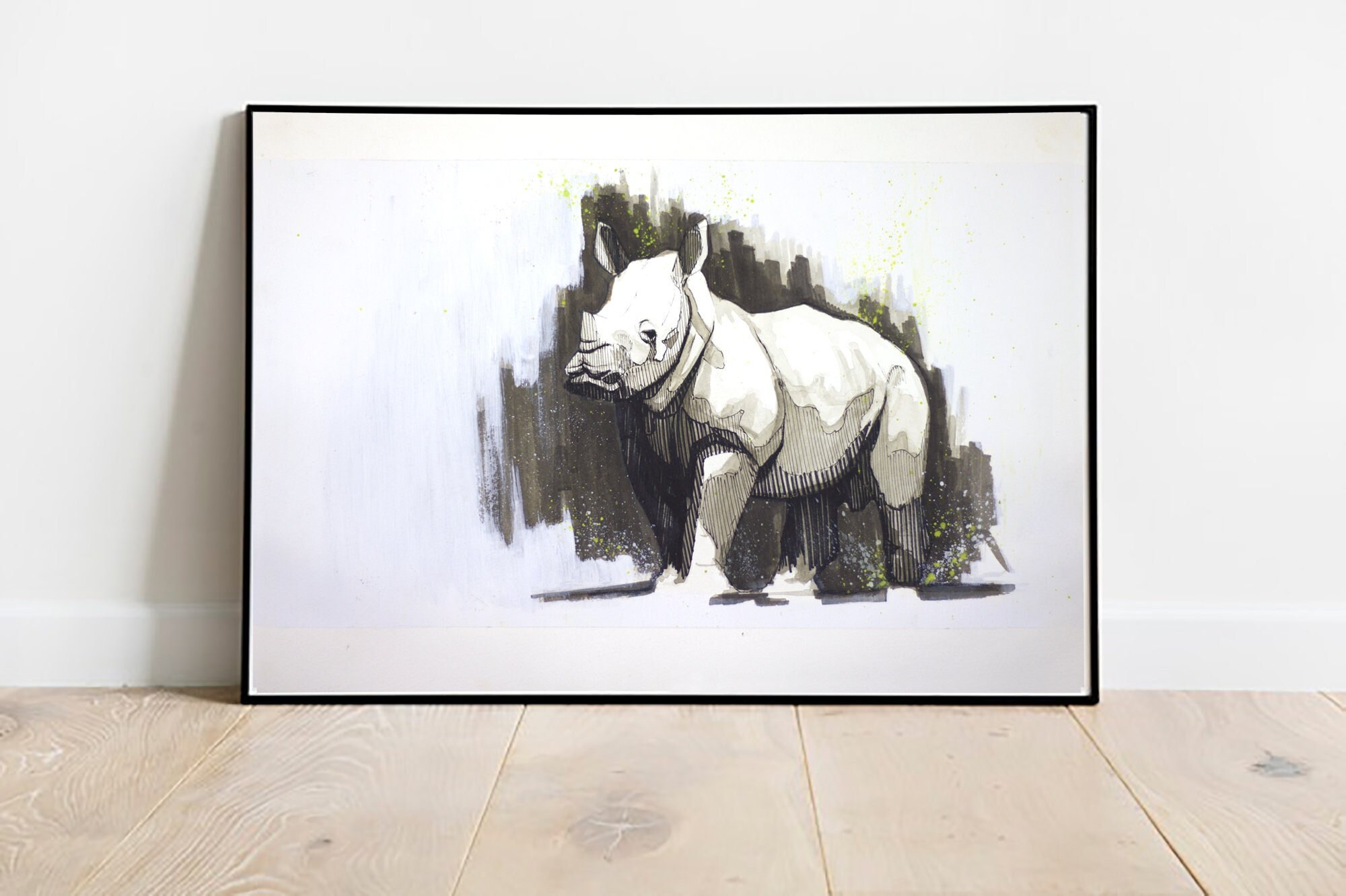 Peinture Originale de Rhinocéros. Non Imprimé Aquarelle Colorée Par Clément Besème, Illustration Ani