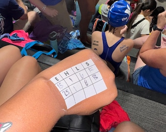 Waterproof Swim Event Heat Lane Stroke Template Temporary Tattoo in Black, Pink, Green, Blue, Green - EHLS