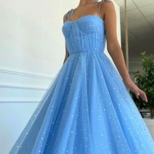 Blue Draped Bustier Prom Dress Star Tulle Dress Spaghetti Etsy