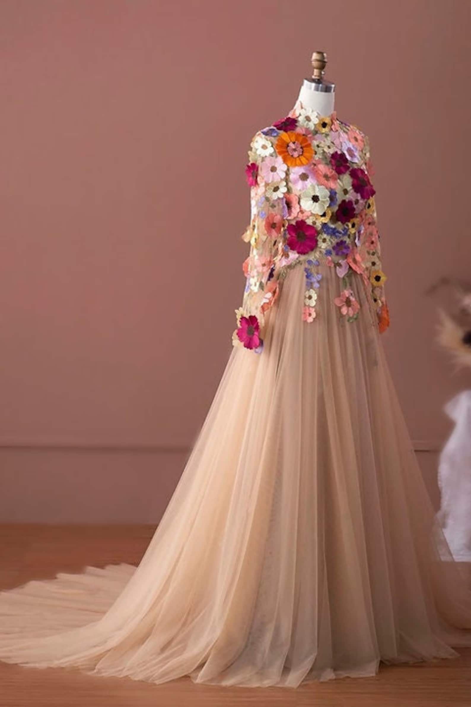 Multi Floral 3D Dress 3D Floral Appliques Gown Long Sleeve - Etsy