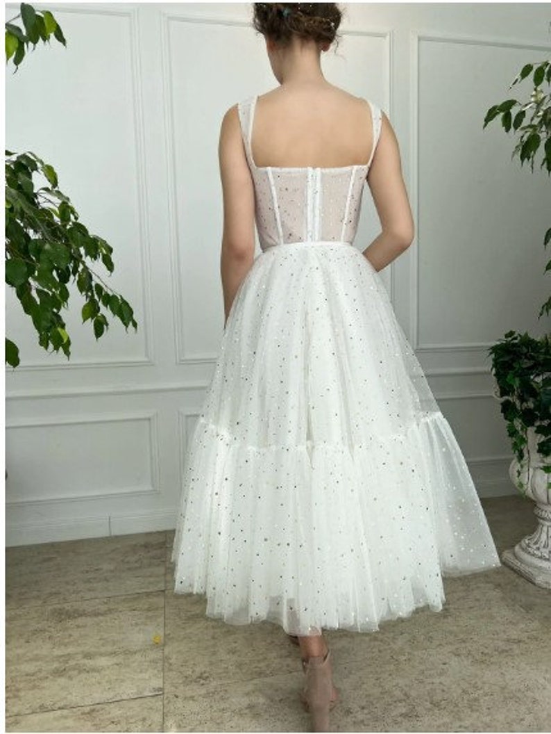 Starry White Tealength Dress Sweetheart Neckline Tulle Etsy