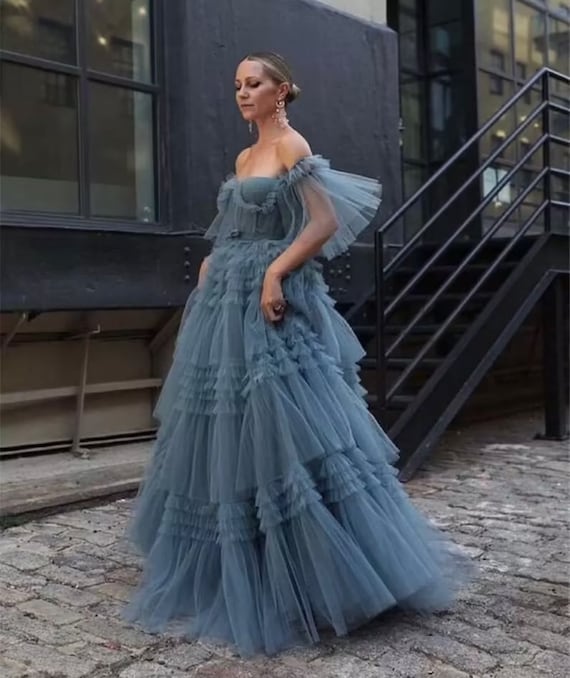 Dusty Blue Tulle Ruffled Gown Long Tulle Prom Dress Tiered - Etsy