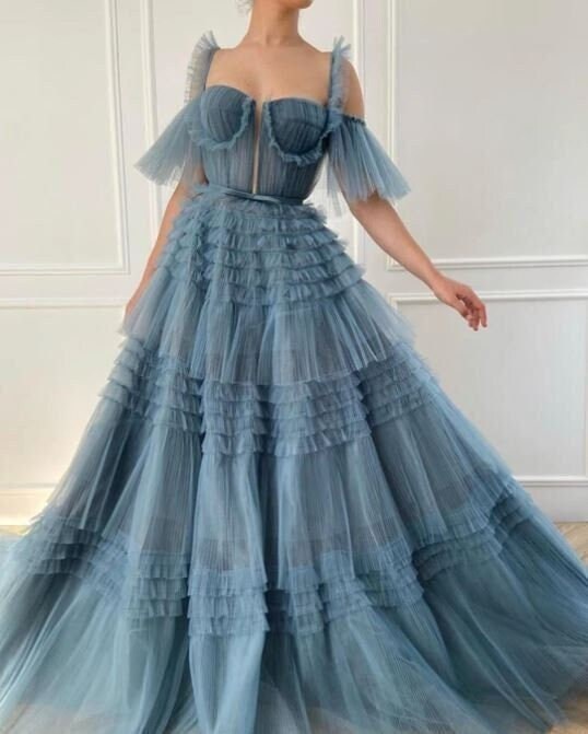 Ruffled Gown Long Tulle Prom Dress 