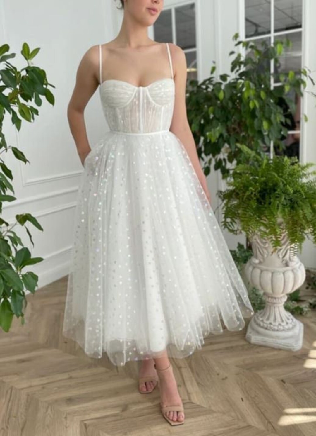 White Tulle Prom Dress Spaghetti Straps Midi Prom Gown - Etsy