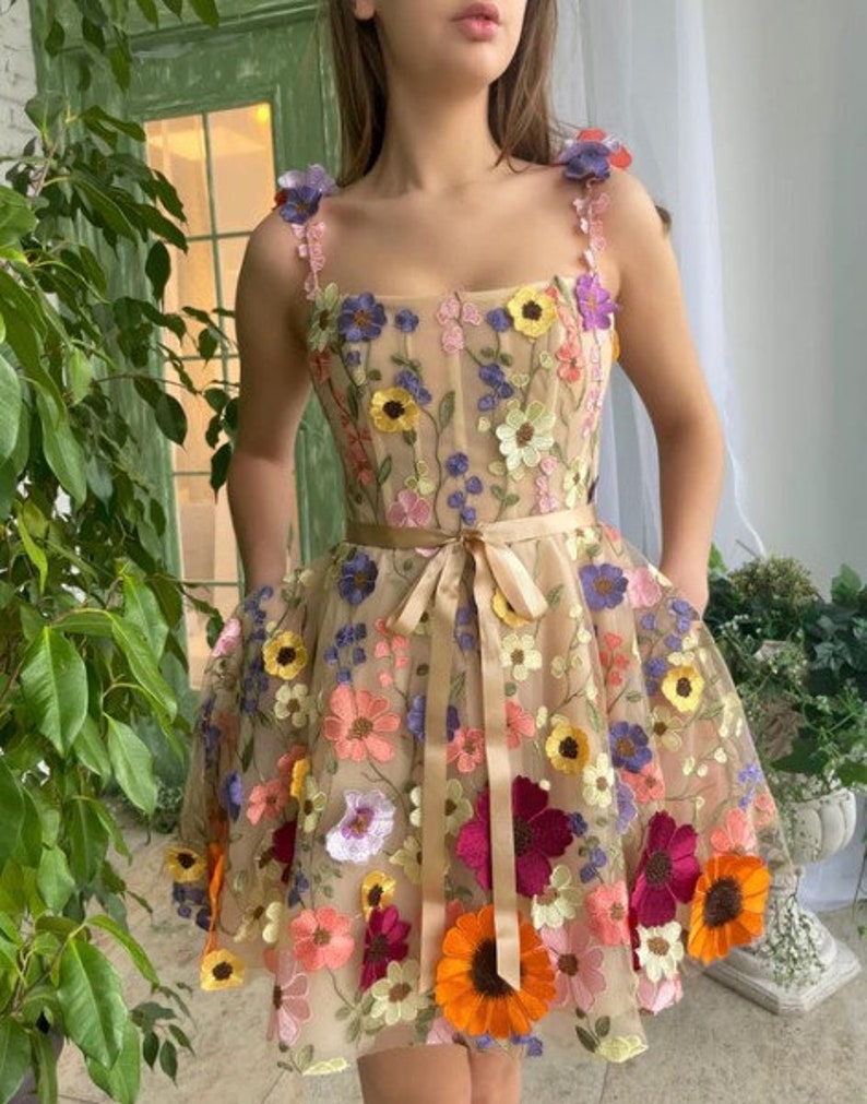 Short Square Neck 3D Flower Dress Summer Tulle Dress - Etsy