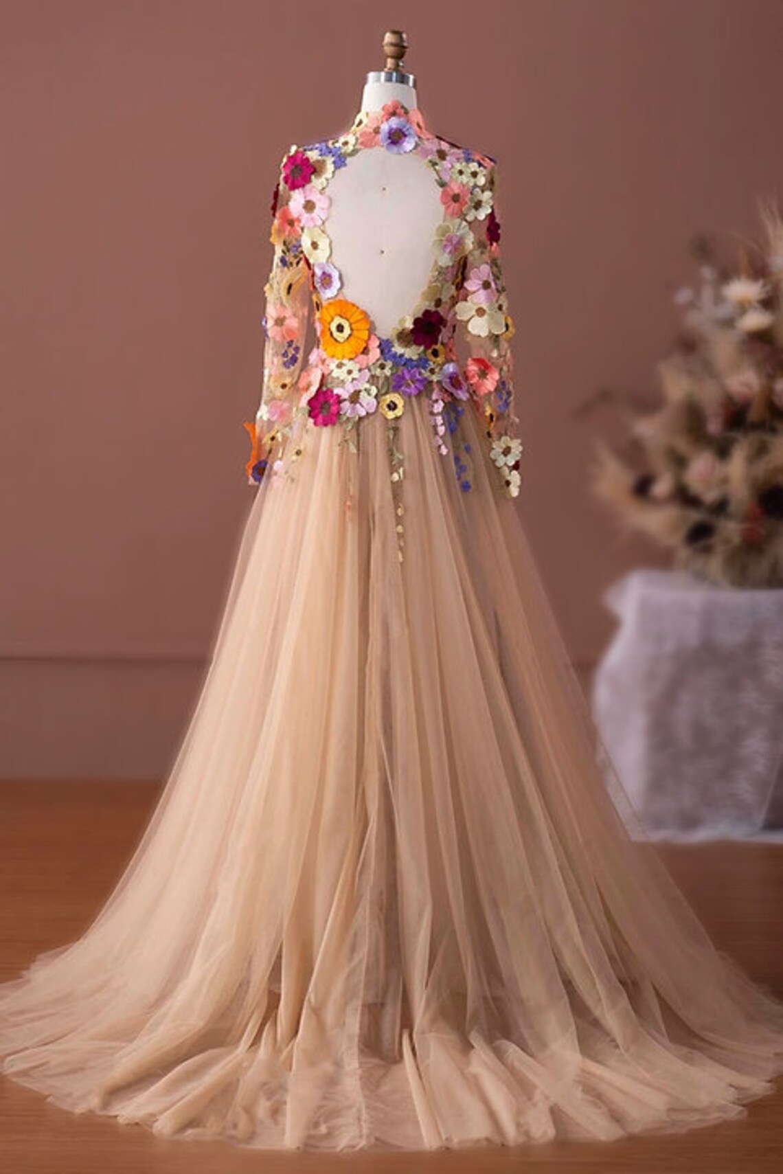 Multi Floral 3D Dress 3D Floral Appliques Gown Long Sleeve - Etsy