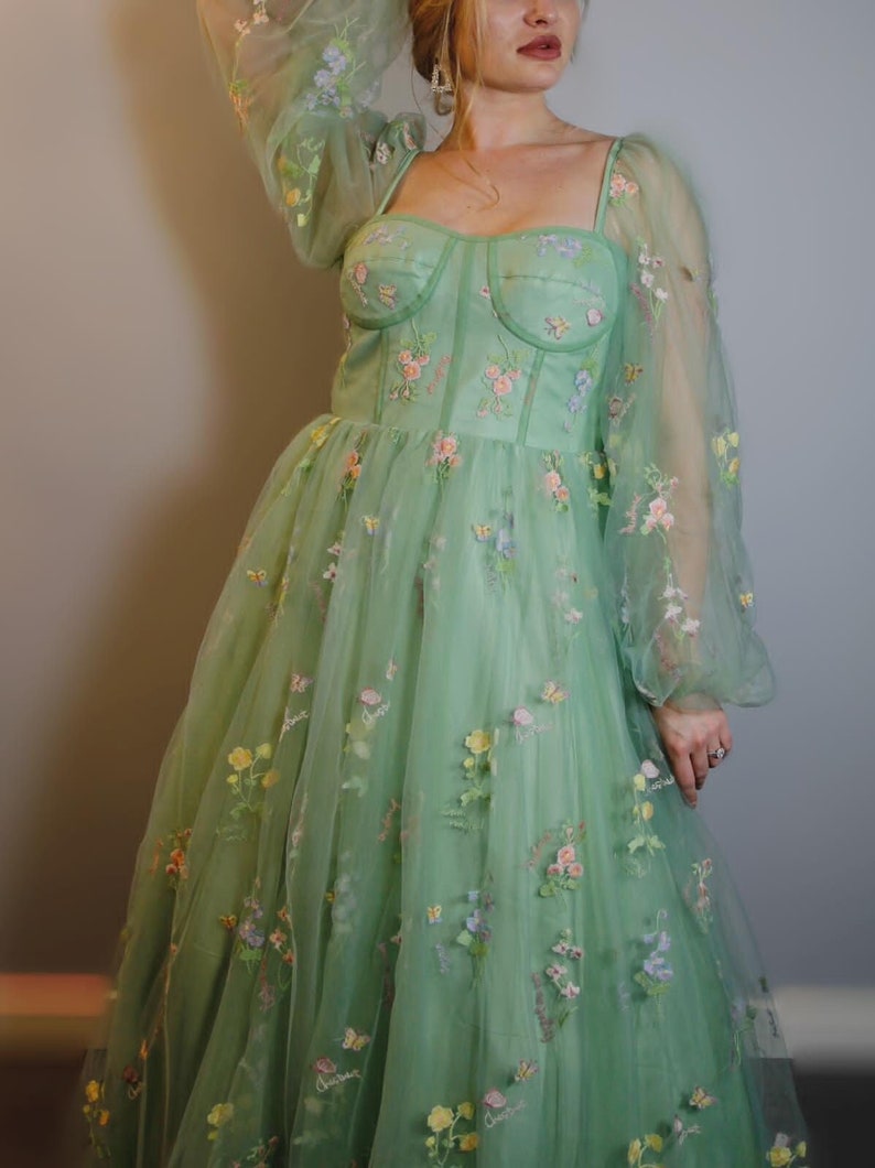 Light green embroidered tulle dress, Prom dress puffy long sleeve, Corset dress prom, Tulle midi dress, Prom tulle dress, Photoshoot dress 