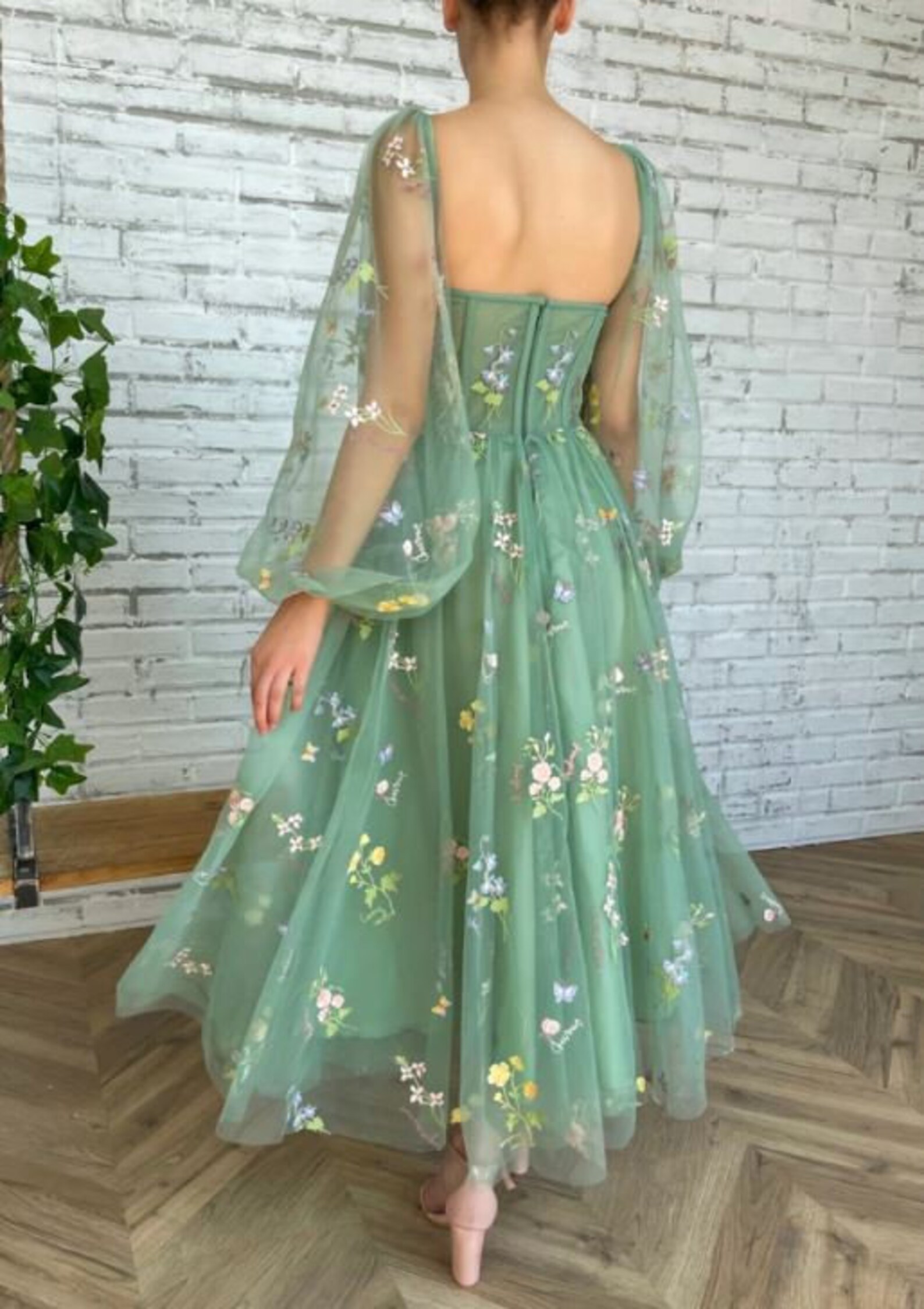 Light Green Embroidered Tulle Dress Prom Dress Puffy Long Etsy