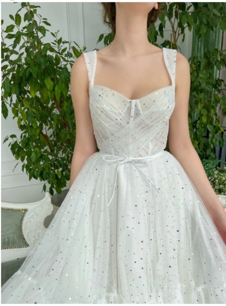 Starry White Tealength Dress Sweetheart Neckline Tulle Etsy