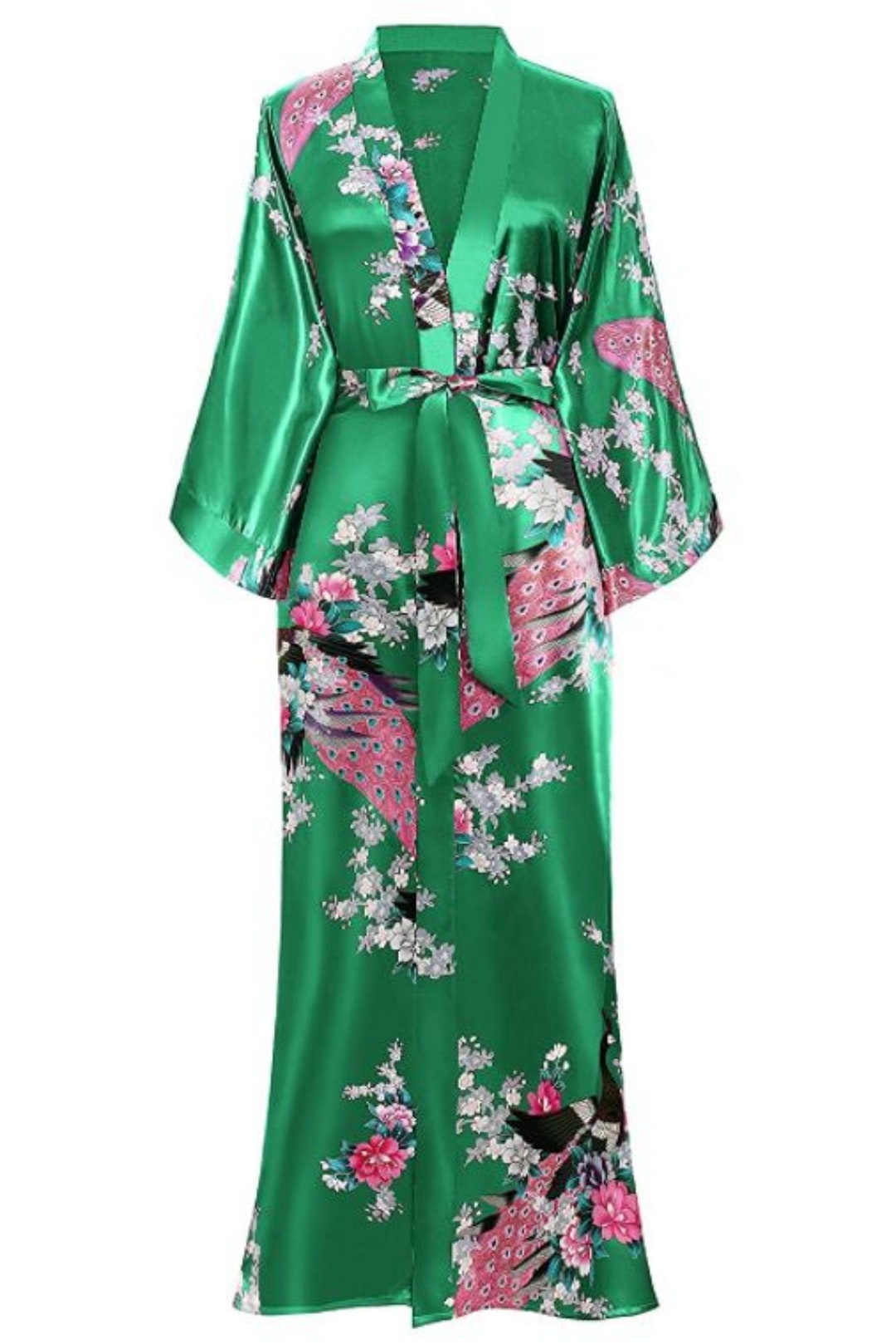 Beautiful LONG Satin Kimono Robe Peacock and Blossoms Green Etsy