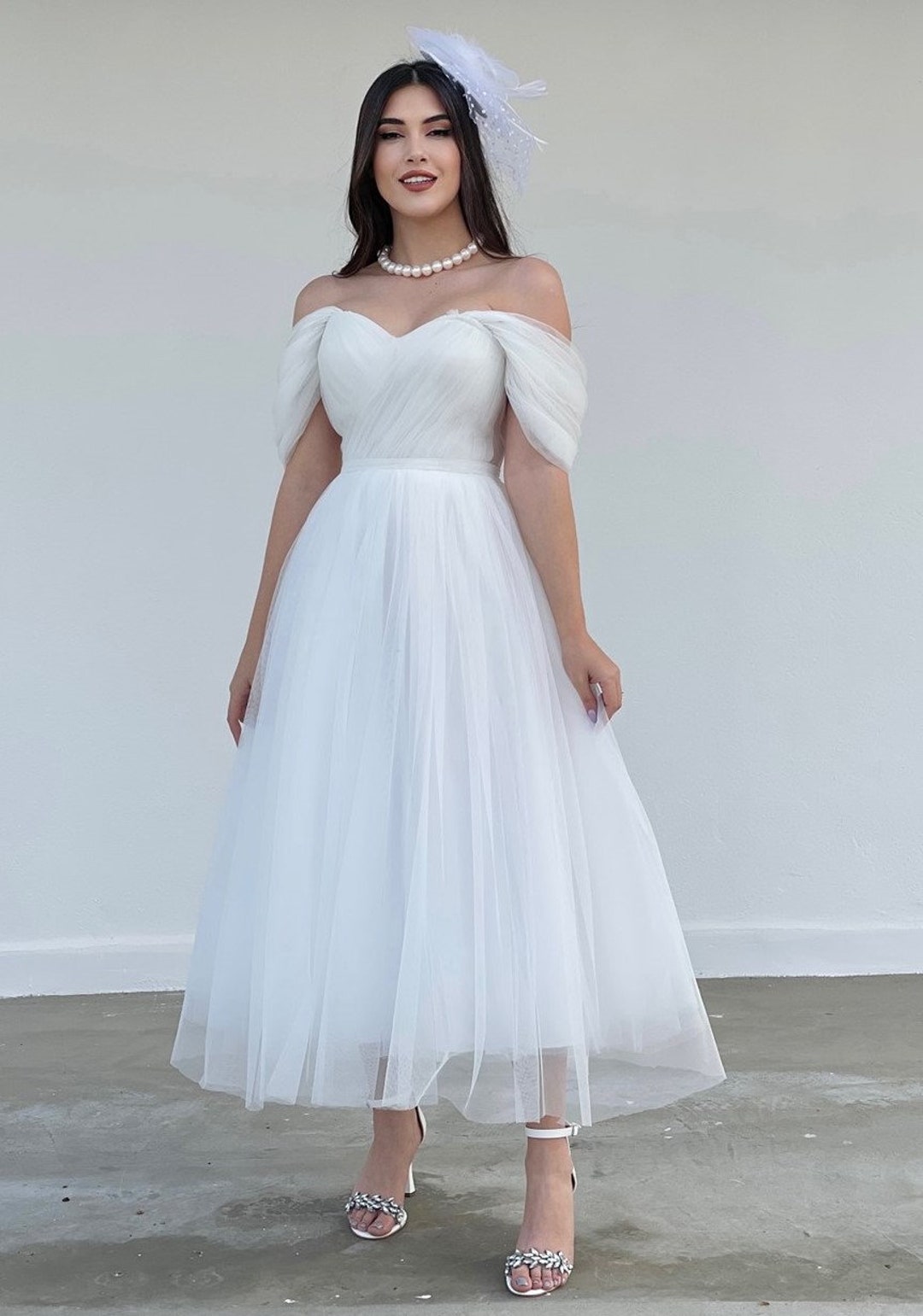 White off Shoulder Midi Tulle Dress Courthouse Wedding Dress - Etsy