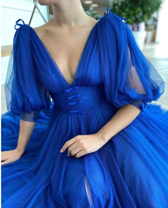 Blue Dotted Tulle Midi Dress, Tulle Dress Prom, V-Neck Puffy Sleeves Prom Dress, Wedding Party Dress, Bridesmaid Dress, Prom Dress Plus Size
