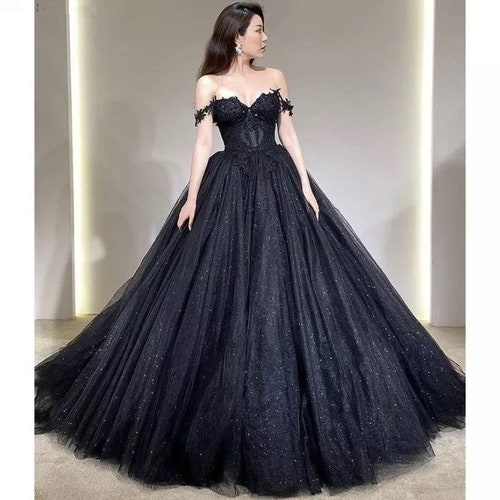 Black Wedding Gown off Shoulder Long Tulle Dress Corset - Etsy