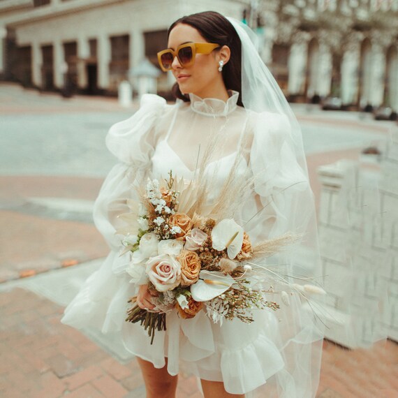 Mini Wedding Dress with Long Sleeves, Courthouse Wedding Dress, Modern Wedding Dress, Bridal Party Dress, Short Wedding Dress, Plus Size
