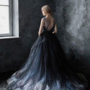 Black Wedding Dress 3D Flowers Long Tulle Gown Two Tone - Etsy