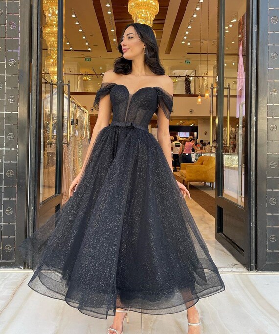 Black Sparkly Tulle Dress Off-shoulder Sweetheart Neckline - Etsy
