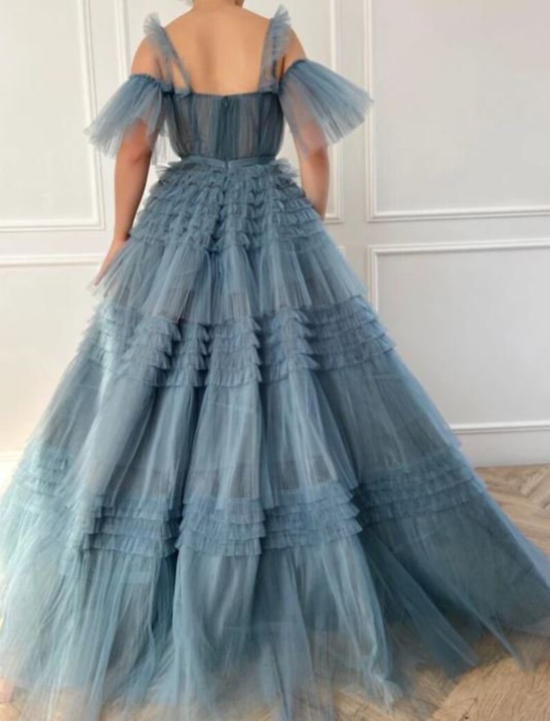 Dusty Blue Tulle Ruffled Gown Long Tulle Prom Dress Tiered | Etsy
