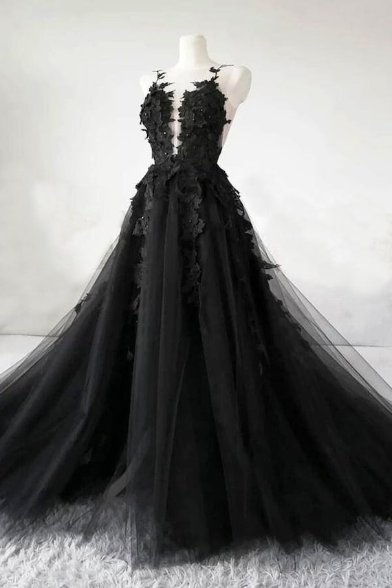 Black Lace 3D Flowers Long Tulle Gown, Black Evening Dress, Tulle Prom Dress, Black Wedding Dress, Ball Gown, Graduation Dress, Plus Size