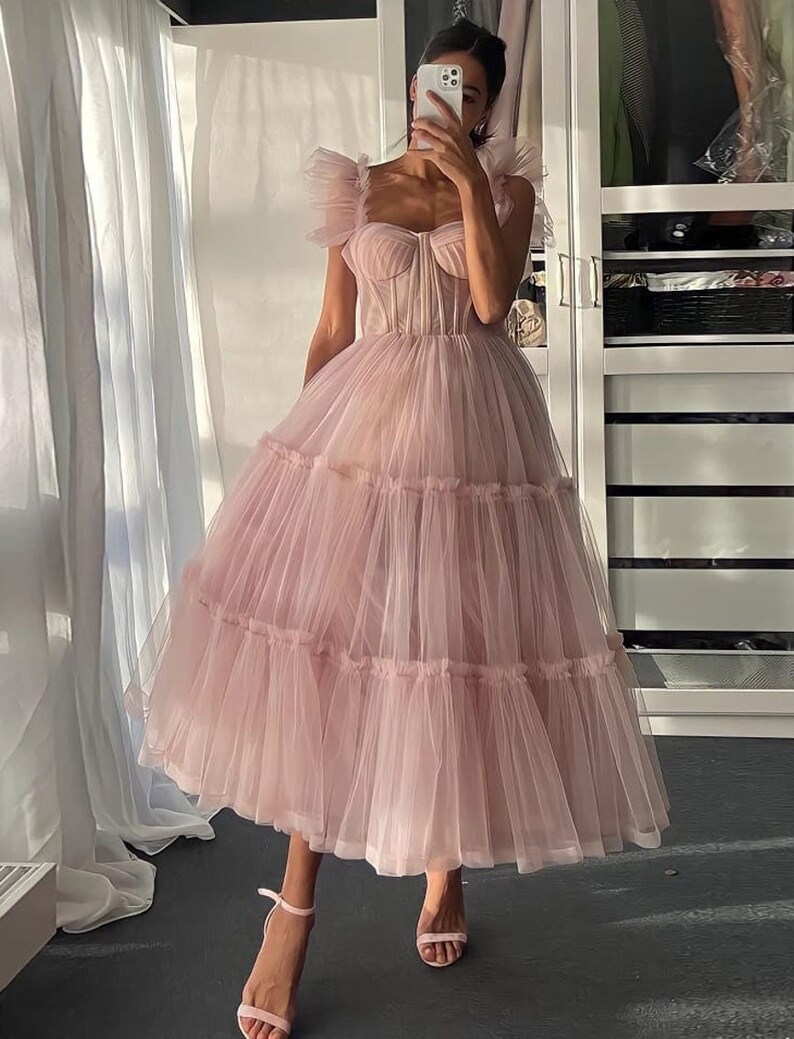 Ruffled Sleeves Tulle Dress, Tiered Ruffled A-line Skirt, Bridesmaid Party Dress, Graduation Dress, Wedding Party Dress, Tulle Corset Dress 