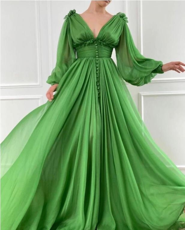 Green Vneck Dress Puffy Sleeves Long Romantic Dress | Etsy