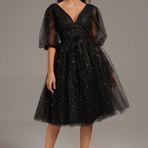 Elegant Sexy Black Dress Tulle Prom Dress V-neck Half Sleeve - Etsy