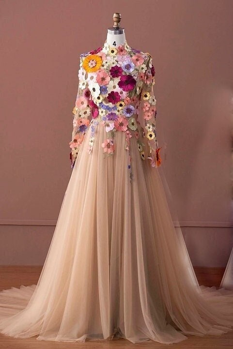 Multi Floral 3D Dress 3D Floral Appliques Gown Long Sleeve - Etsy