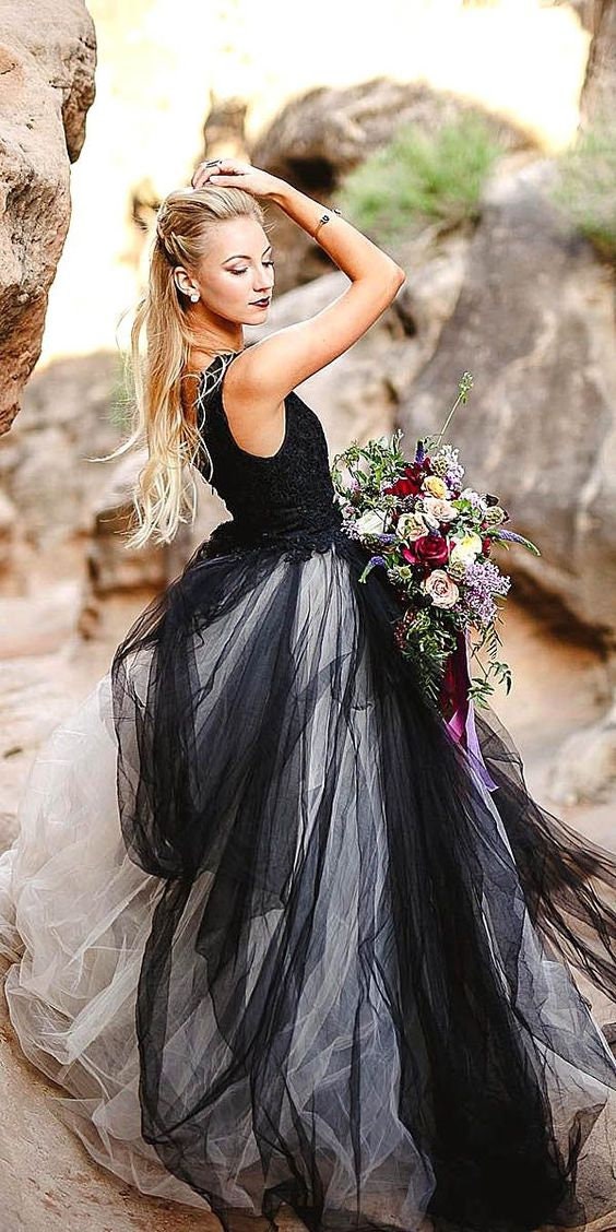 Two-tone Black Tulle Wedding Gown Black Evening Dress V-neck - Etsy UK