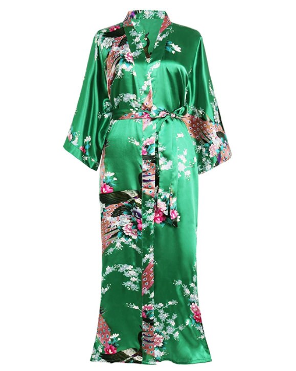 Beautiful LONG Satin Kimono Robe Peacock and Blossoms Green - Etsy