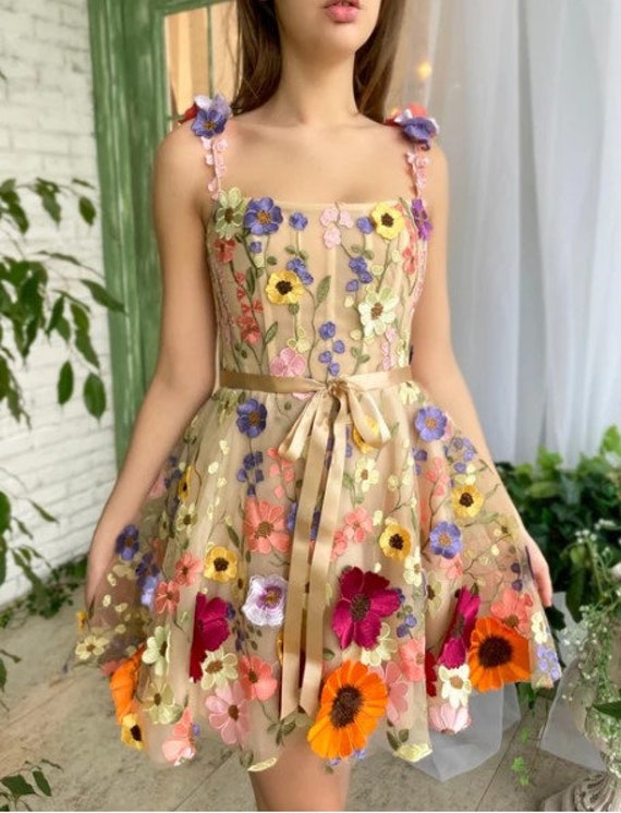 Short Square Neck 3D Flower Dress Summer Tulle Dress - Etsy Singapore