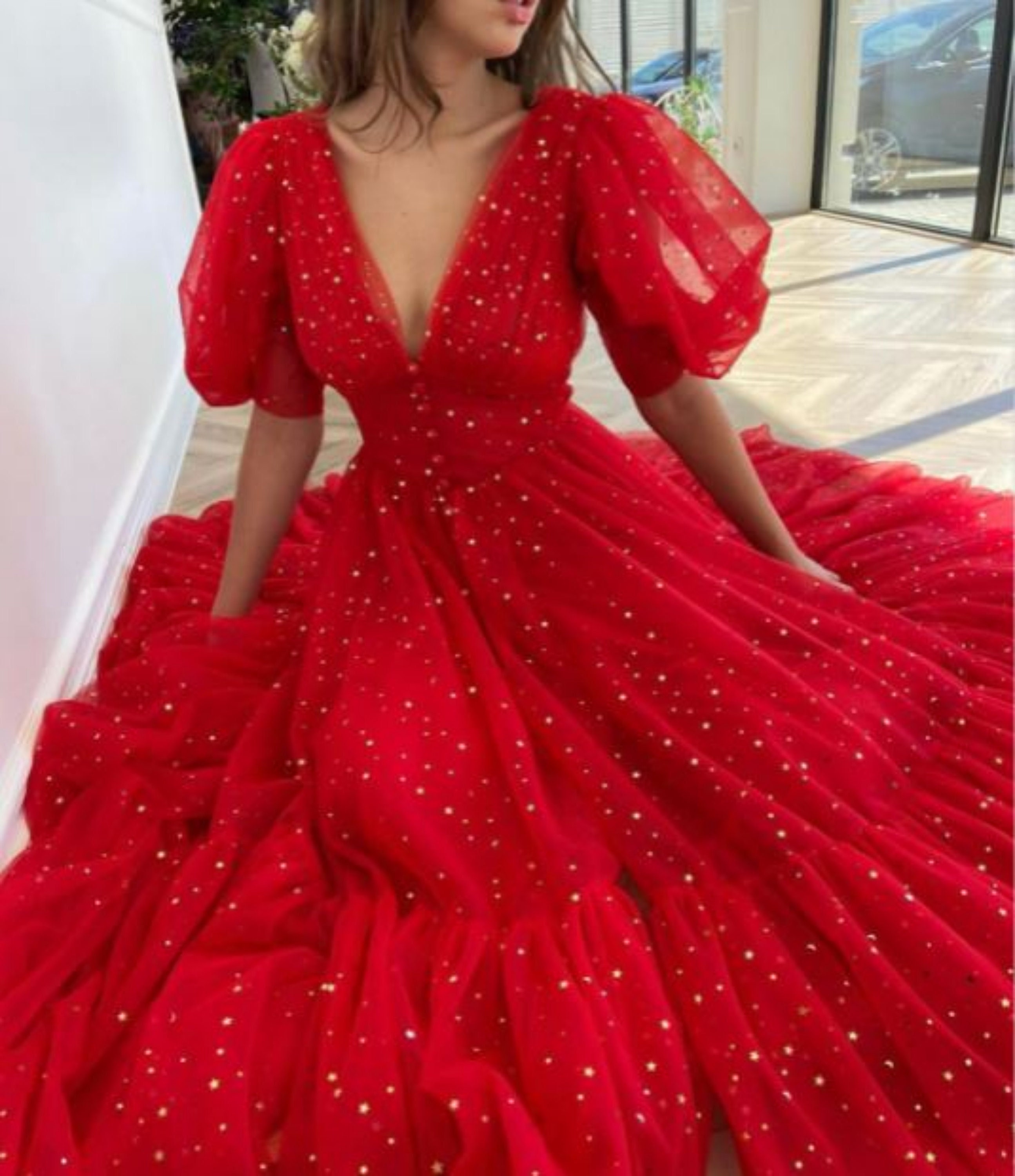Bright Red Dress Tulle Prom Dress V 
