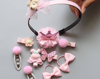 High quality handmade Baby toddler girl hair accessories/ hair pins/hair bands set/baby girl gift/toddler girl birthday gift - pink