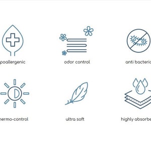 May include: Six icons representing different product features. The icons are: hypoallergenic, odor control, anti-bacterial, thermo-control, ultra soft, and highly absorbent.